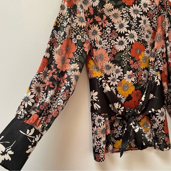 Zara Basic Floral Long Sleeve Front Tie Blouse Size S - Picture 3 of 10